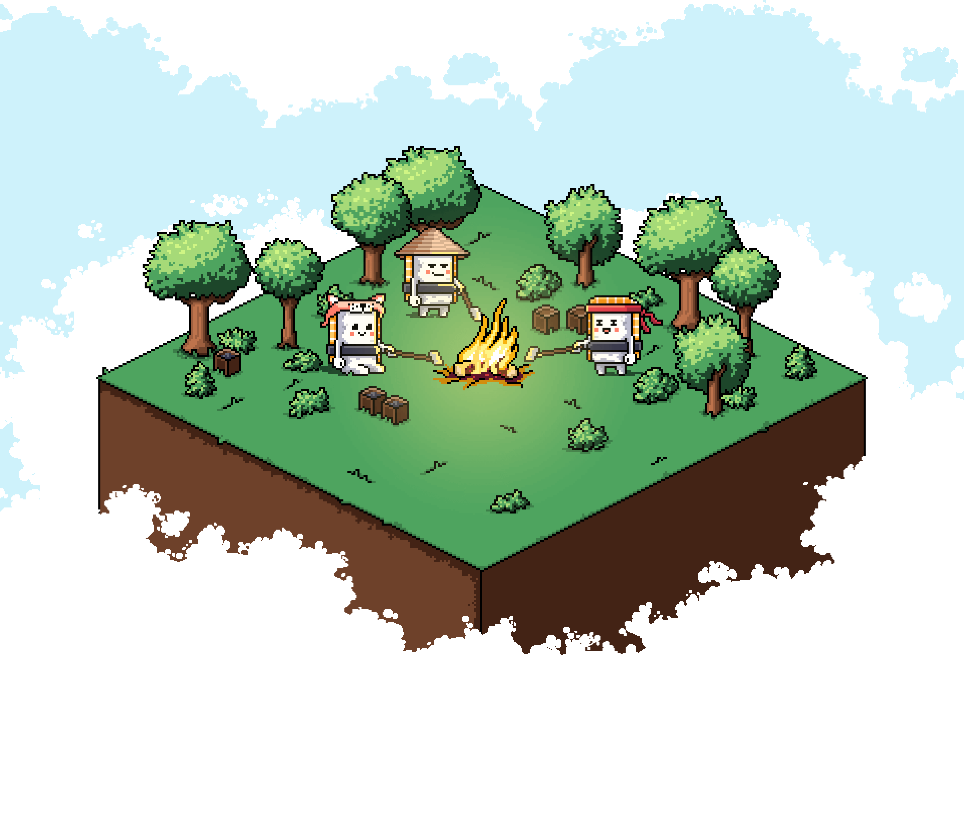 Camp with the characters in the woods on one big tile where they roast food on sticks over a campfire.
