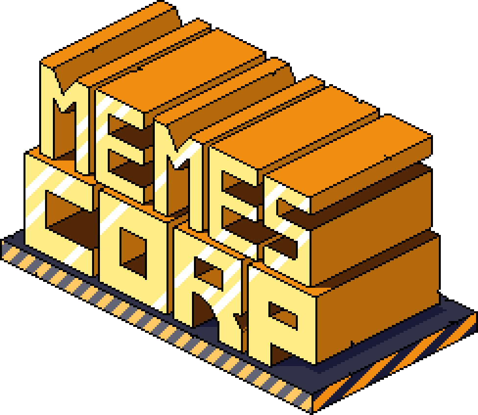 A large isometric logo that says Memes Corp